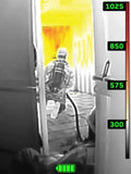 SEEK FirePRO 300 Thermal Camera capturing high-resolution thermal imaging of firefighter entering burning room