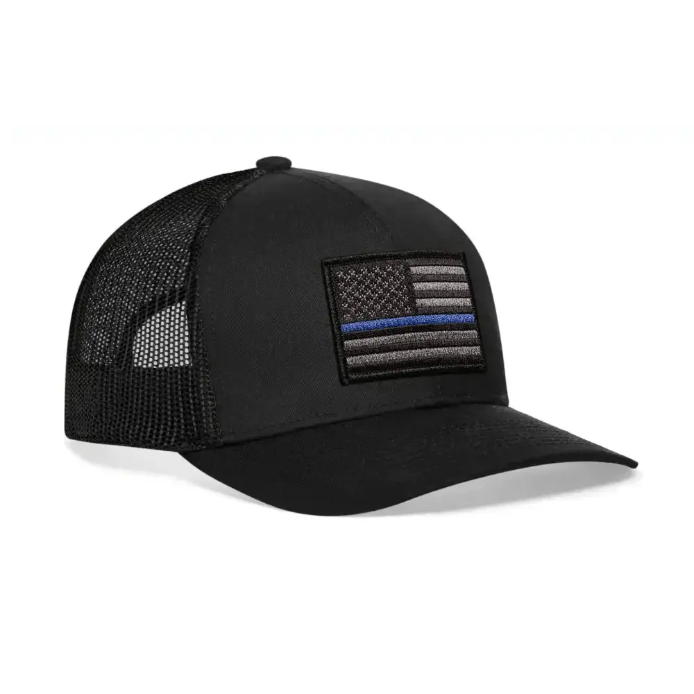 Black Police Snapback featuring a Thin Blue Line patch for blue line trucker style