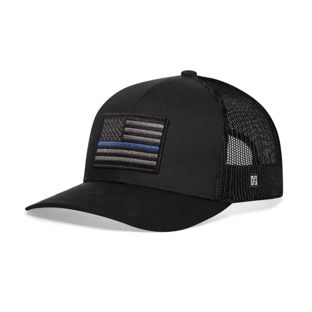 Black Police Snapback featuring a Thin Blue Line patch on a mesh trucker hat