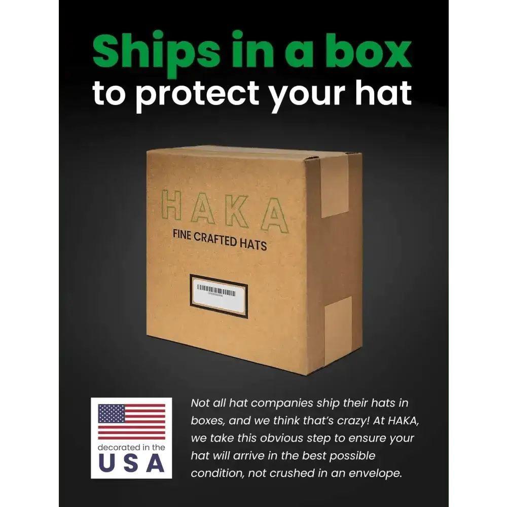 Brown cardboard box labeled HAKA FINE CRAFTED HATS for Thin Blue Line Trucker Hat