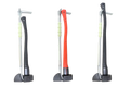 Three bicycle floor pumps with colored handles featuring a USA patented composite handle