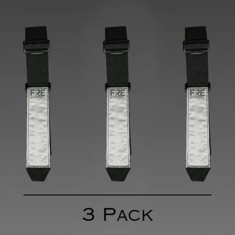 Three black and silver reflective FRE Adjustable Hose Straps for versatile support