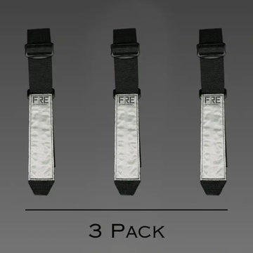 Three black and silver reflective FRE Adjustable Hose Straps for versatile support