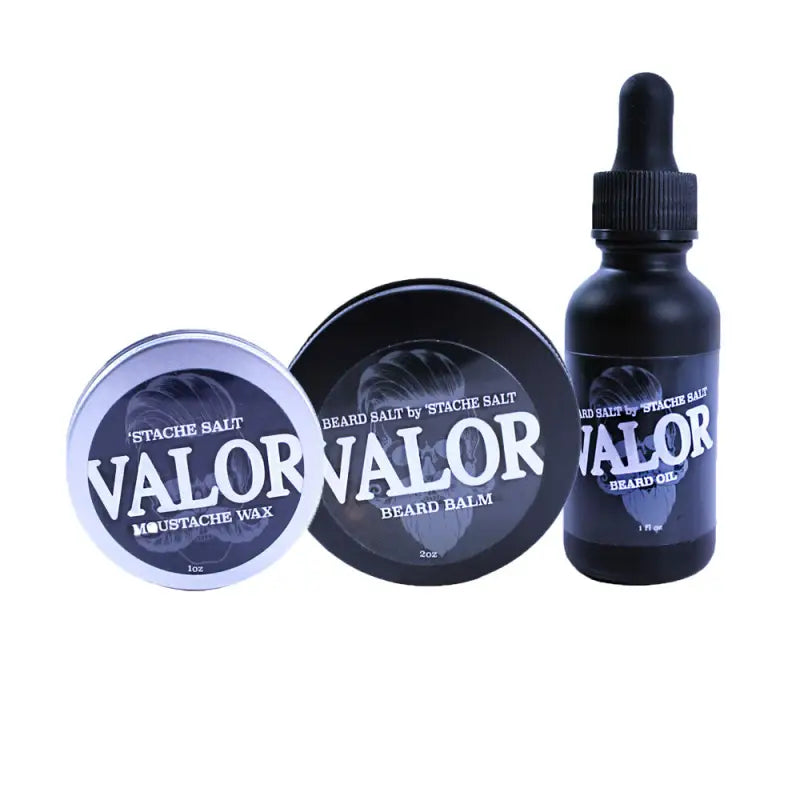 Three Valor brand beard care products in the Beard & Mustache Pack with labels