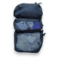 Three navy blue mesh packing cubes with drawstring closures in 12hr Slate Grey Backpack