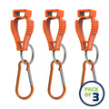 Three orange glove clip safety holders with carabiners for secure attachment