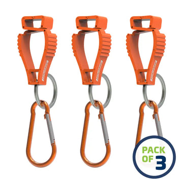 Three orange glove clip safety holders with carabiners for secure attachment