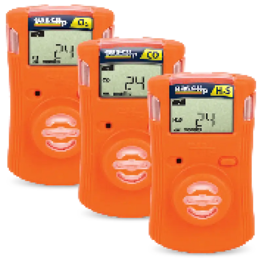 Three orange single gas clip detectors for safety and gas monitoring in industrial settings