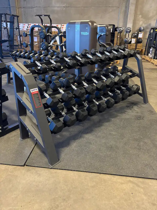 SFE Commercial Dumbbell Rack with rectangle tube design holding hexagonal weights