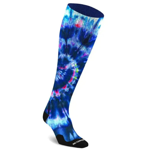 Tie-dyed knee-high sock in blue, navy, pink and white from Marathon Printed Ocean Tie Dye