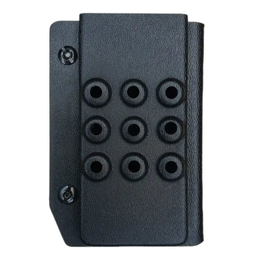 Black plastic tourniquet holder with nine circular holes in a 3x3 grid for first responders