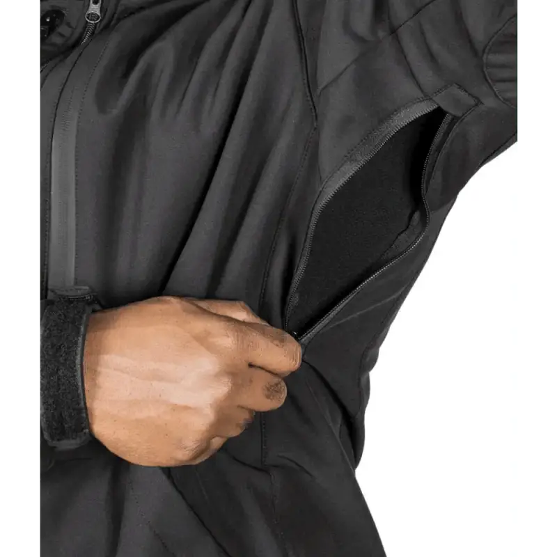 Black Tradecraft Tactical Jacket 2.0 with zippered side pocket for body armor panel