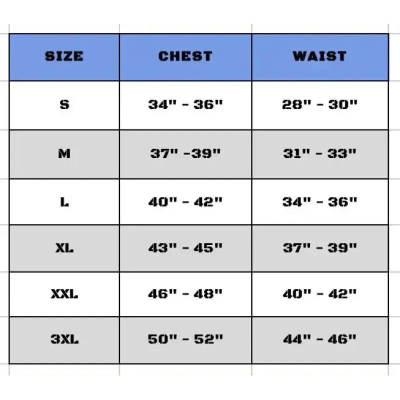 Size chart for Tradecraft Tactical Jacket 2.0 with chest and waist measurements