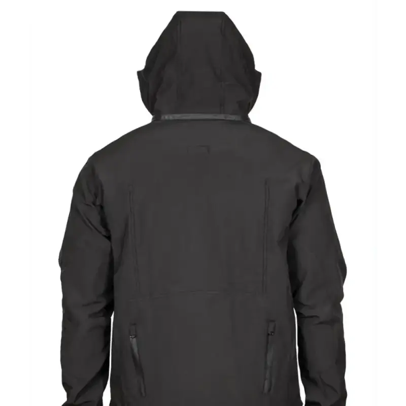 Black hooded Tradecraft Tactical Jacket 2.0 with zippered pockets for body armor panel