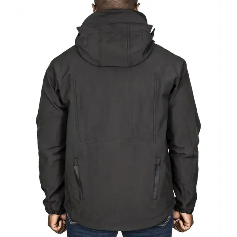 Black hooded winter jacket back view featuring body armor panel Tradecraft Tactical Jacket 2.0