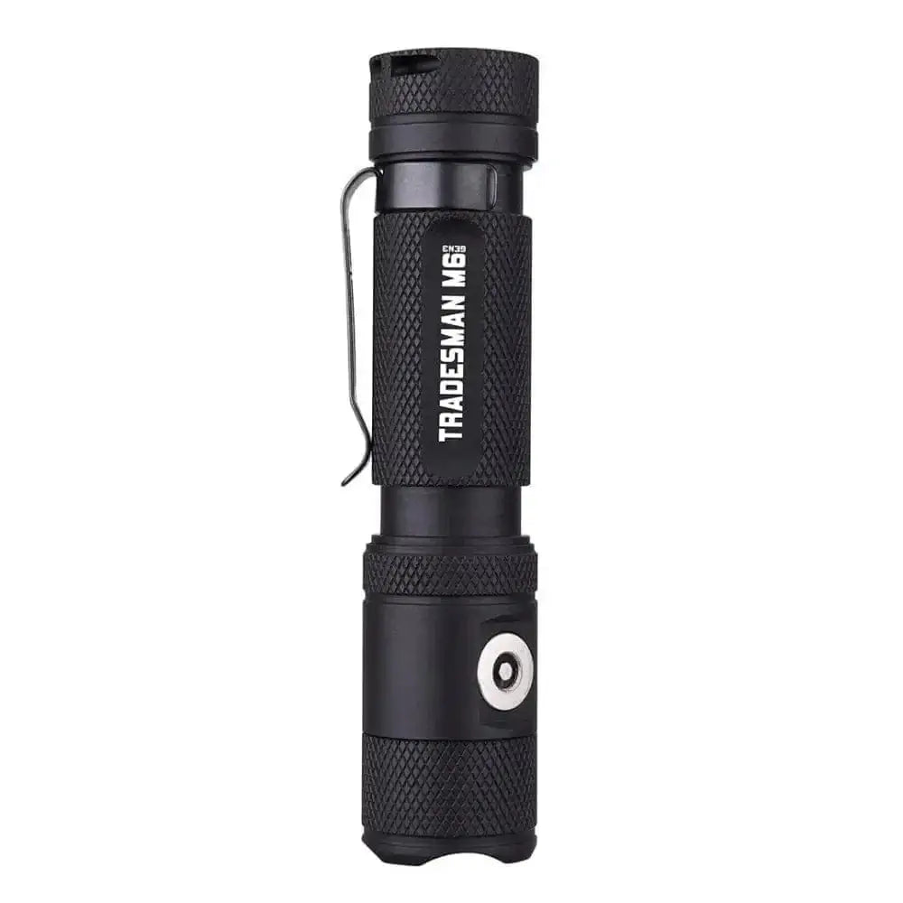 Black tactical LED flashlight with textured grip from Tradesman M6-GEN3 with magnetic tail cap