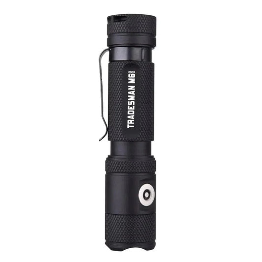 Black tactical LED flashlight with textured grip from Tradesman M6-GEN3 with magnetic tail cap