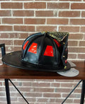 Traditional Black Firefighter Helmet with Red Reflective Panels and Brass Eagle Crest