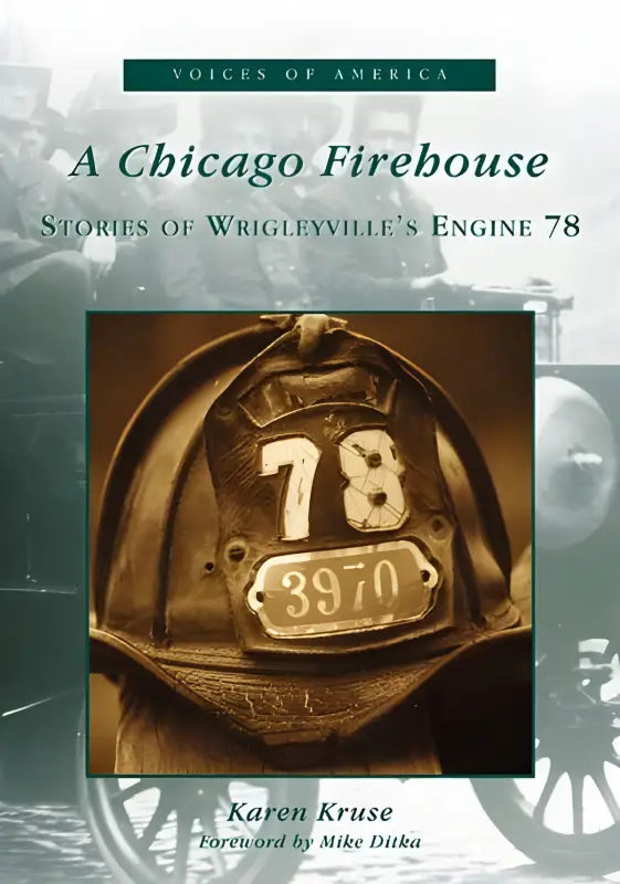 Traditional firefighter helmet with badge 3970 from Wrigleyville’s engine at Chicago Firehouse