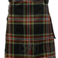 Traditional Scottish tartan utility kilt featuring red and green plaid on a black background