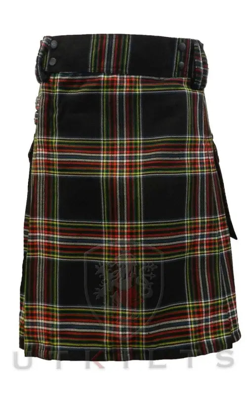 Traditional Scottish tartan utility kilt featuring red and green plaid on a black background