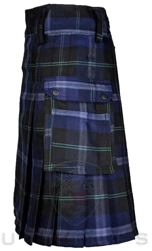 Traditional Scottish Tartan Utility Kilt in blue and green plaid pattern with pockets