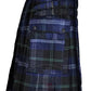 Blue and black plaid Traditional Scottish tartan utility kilt with leather straps