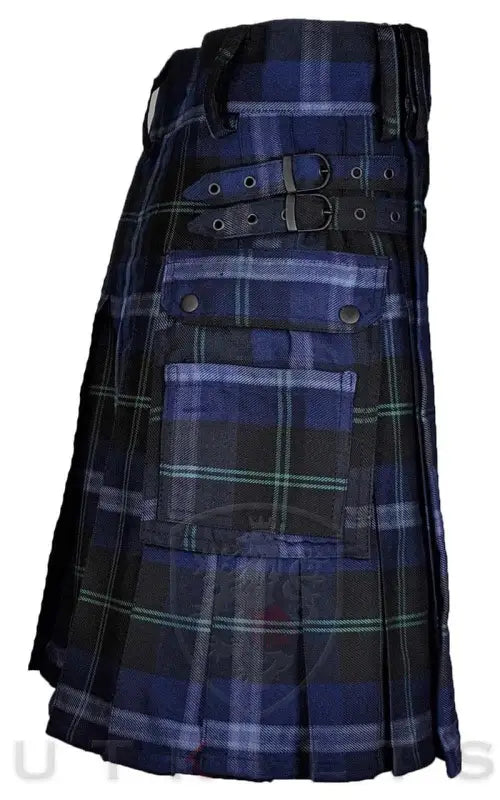 Blue and black plaid Traditional Scottish tartan utility kilt with leather straps