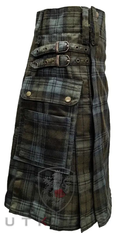 Traditional Black Watch Weathered Tartan Utility Kilt with cargo pockets and leather straps