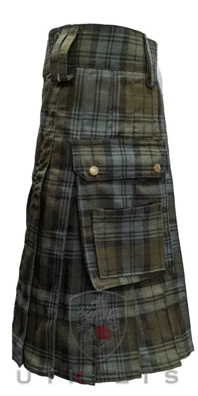 Traditional Black Watch Weathered Tartan utility kilt in dark green and black plaid