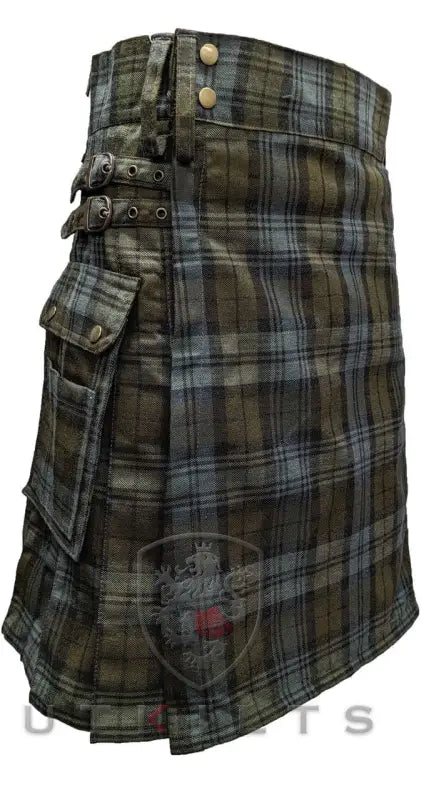 Traditional Scottish Black Watch Weathered Tartan Utility Kilt with cargo pockets