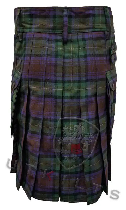 Traditional Scottish Tartan Utility Kilt in Isle of Skye green and purple plaid pattern