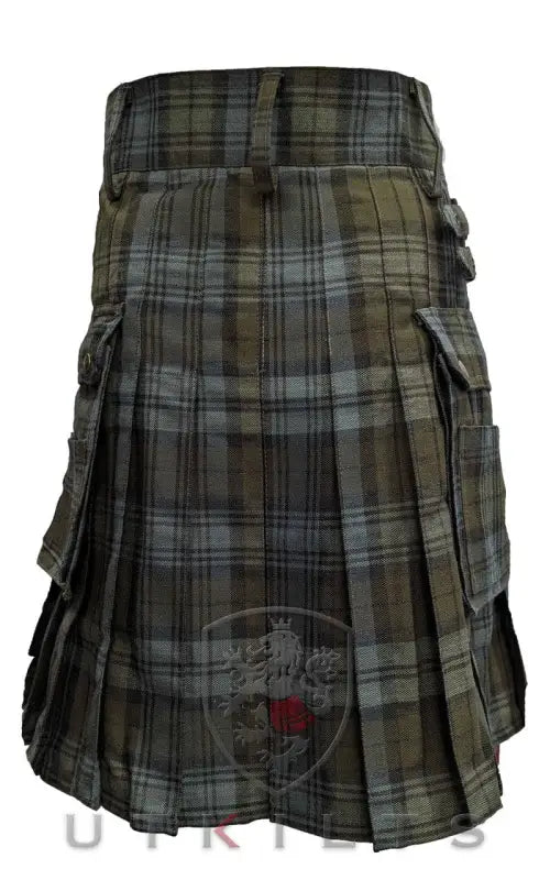 Traditional Scottish Black Watch Weathered Tartan Utility Kilt with cargo pockets