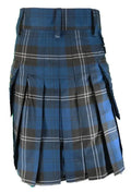 Standard Ramsay Blue Tartan Utility Kilt featuring pleats and side cargo pockets
