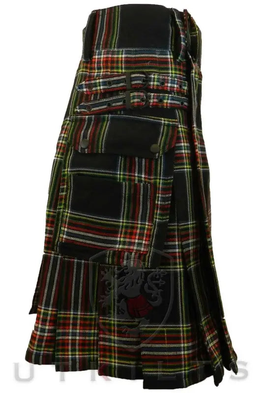 Traditional Scottish tartan utility kilt featuring pleats and a side pocket in World Celt Tartan