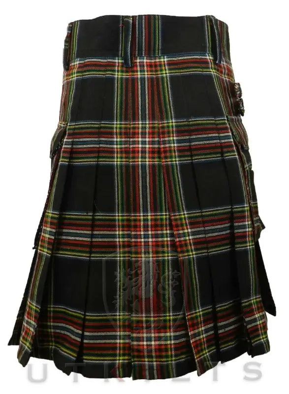 Traditional Scottish tartan utility kilt featuring World Celt Tartan with pleats and pockets