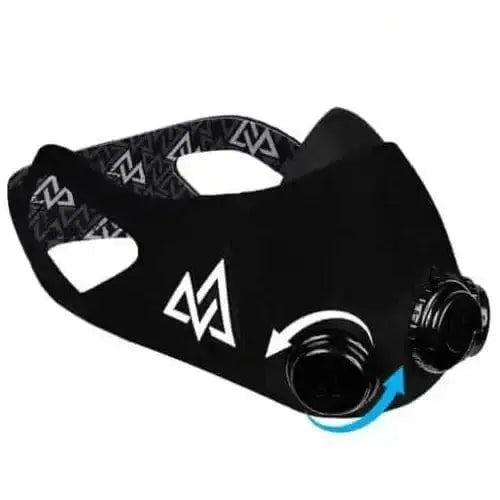 Black Training Mask 2.0 with dual breathing valves and triangular logo pattern for first responders