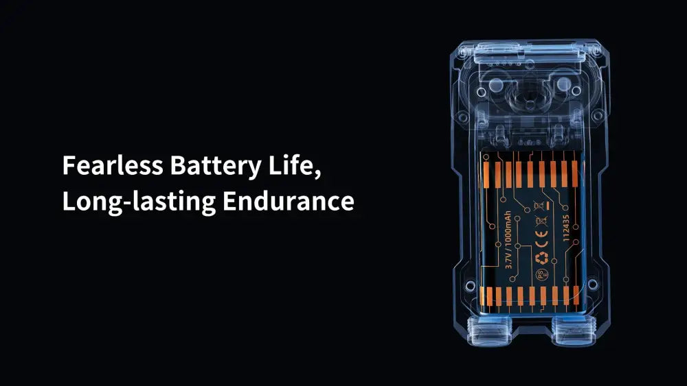 Transparent battery case revealing internal circuitry of Wuben X3 Beacon All-in-One Flashlight