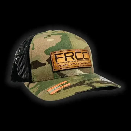 Camouflage trucker hat multicam coffee with brown FRCC leather patch on front panel