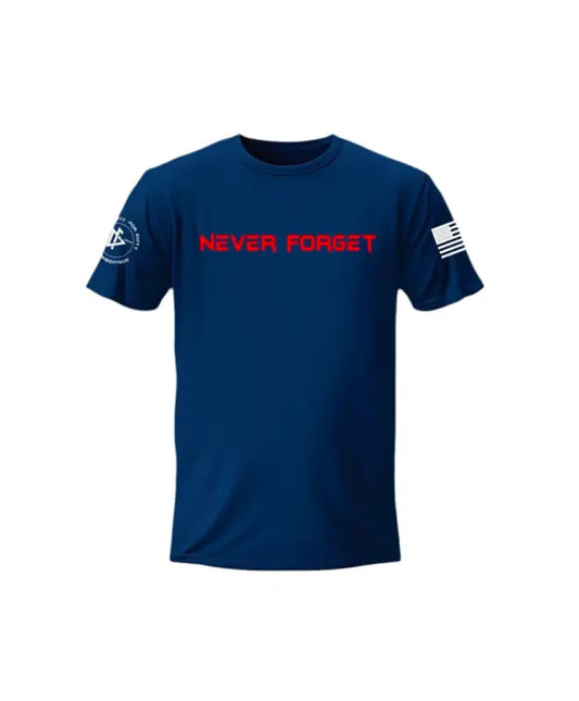 Navy blue Towers Unisex T-Shirt with red NEVER FORGET text and American flag patch