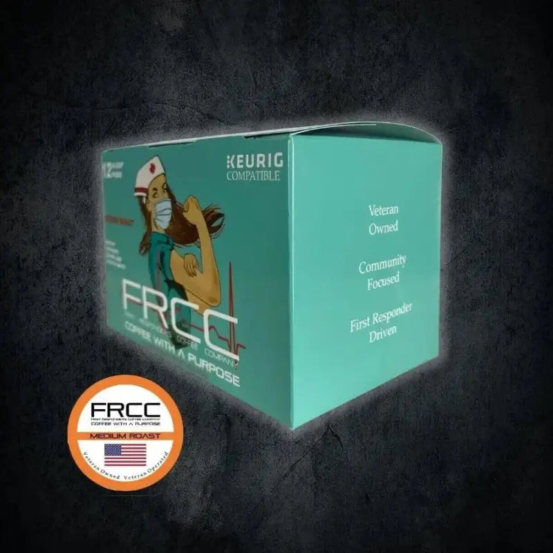 Turquoise box with FRCC branding and orange pod for 12ct Nurse Pumpkin Spice Kcup