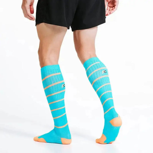 Turquoise knee-high socks with orange accents and stripe cutouts for First Responders Aqua Swirl