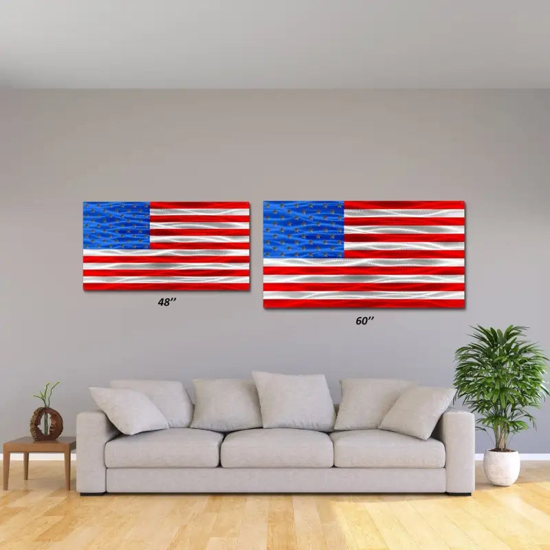 Two American flag paintings in red, silver, and blue for Firefighter American Flag decor