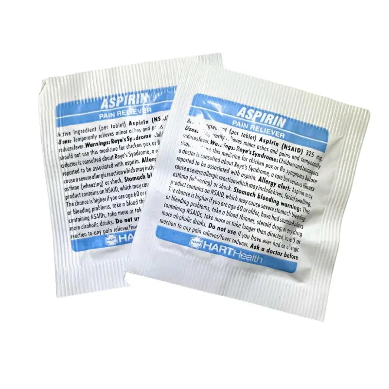 Two aspirin packets with blue text in a Waterproof 5000 Series First Aid Kit for quick relief