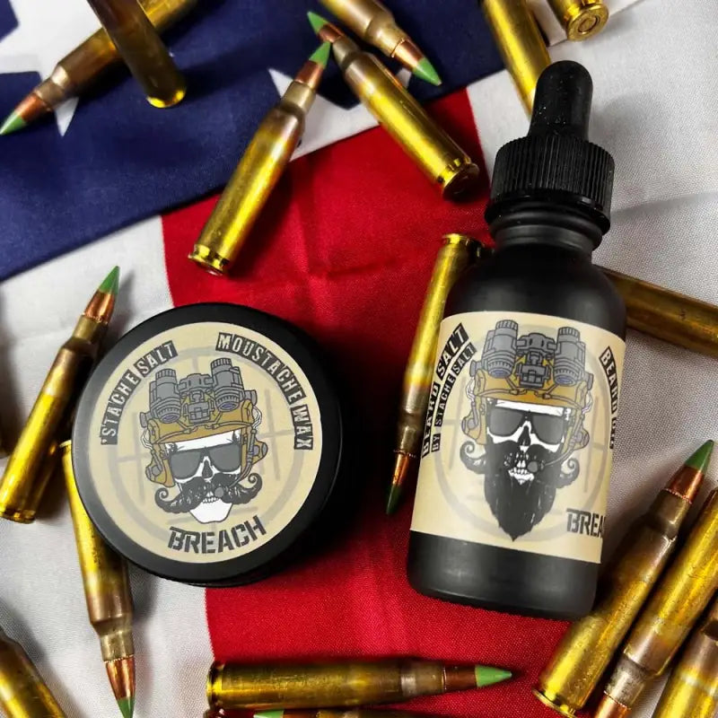 Breach Beard Oil products with military logo and ammunition rounds for premium beard care