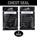 Two black Line2Design chest seal occlusive dressings for open chest wound treatment