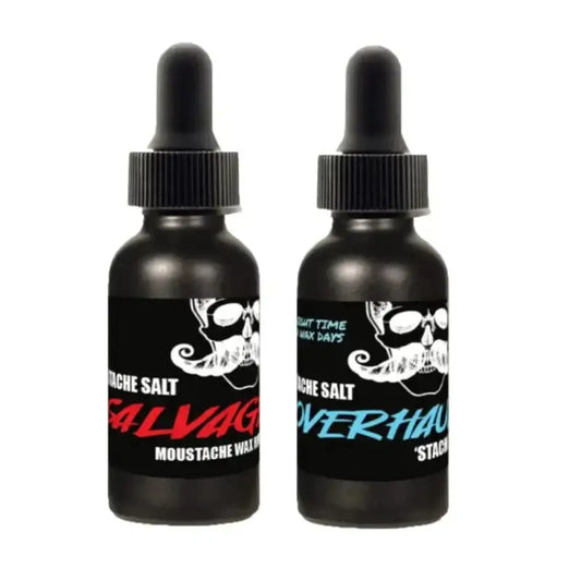 Two black dropper bottles with skull logos for Stache Salt in the Salvage & Overhaul Set