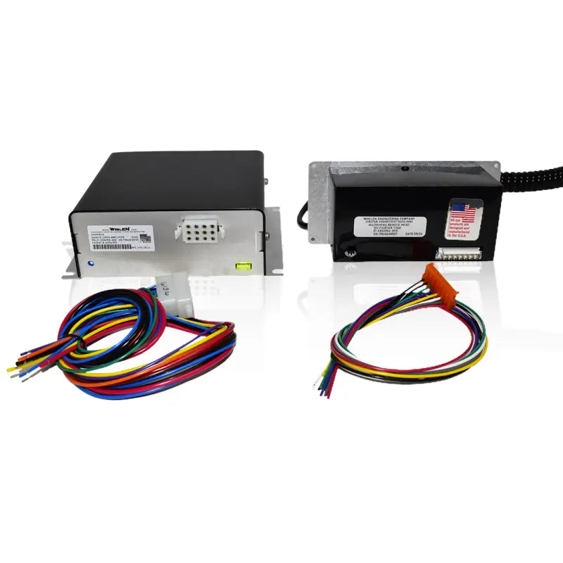 Black electronic control boxes with wiring harnesses for Whelen 295HFS2 remote siren amplifier