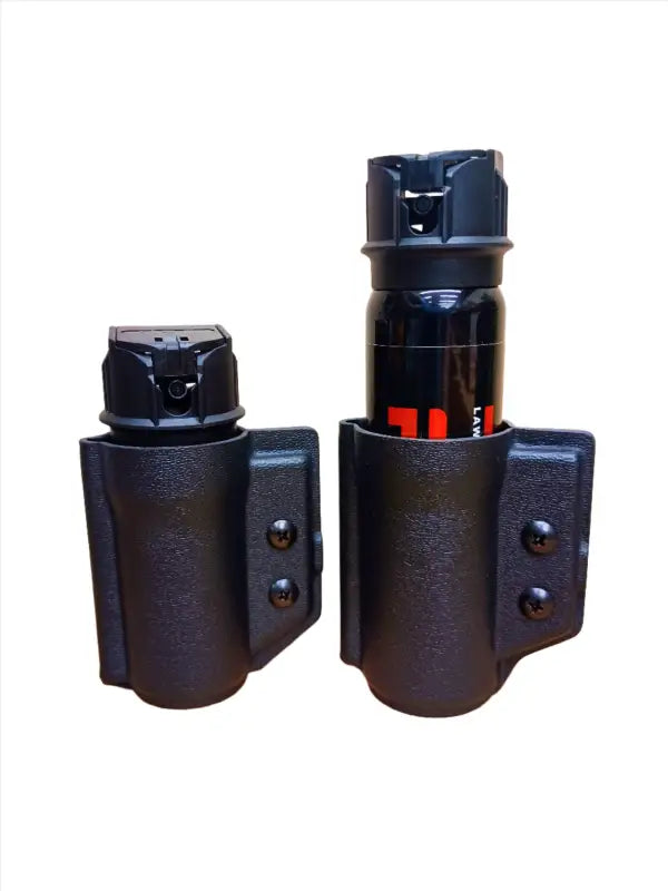 Two black holsters for pepper spray canisters in a Pepper Spray Holder