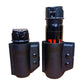 Two black plastic holsters for pepper spray canisters featuring a secure retention device